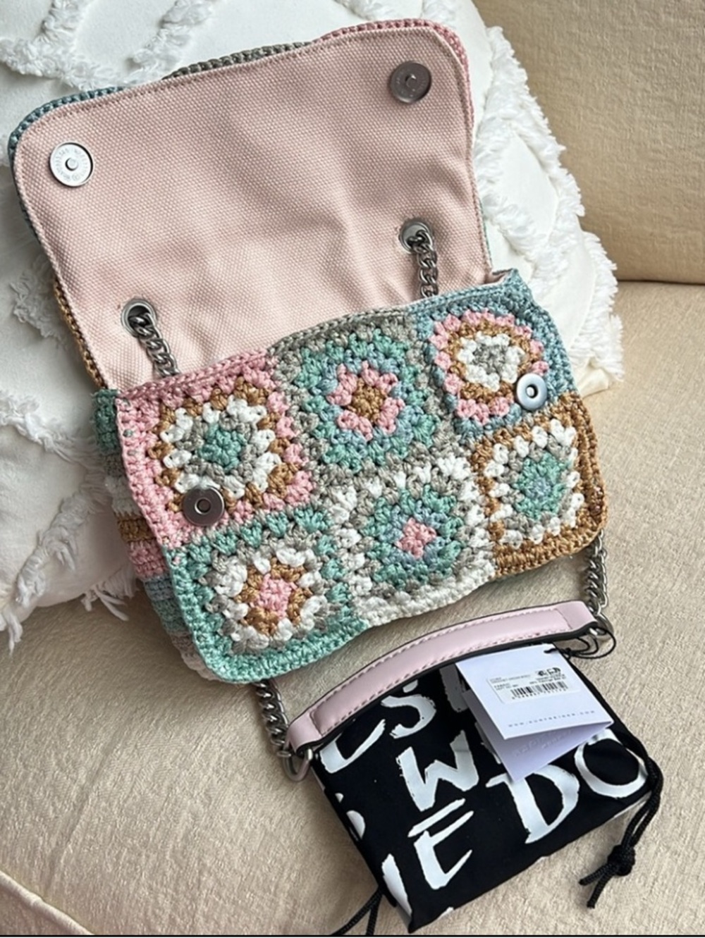 Kurt Geiger Kensington crochet patchwork boho crossbody bag pastel blue pink - Picture 8 of 13